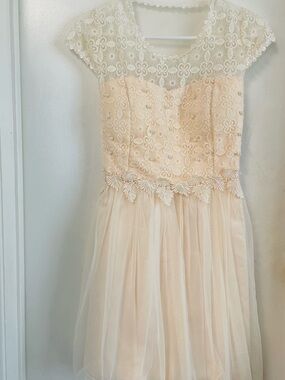 Girls Lace Bodice Tulle Dress in Light Peach